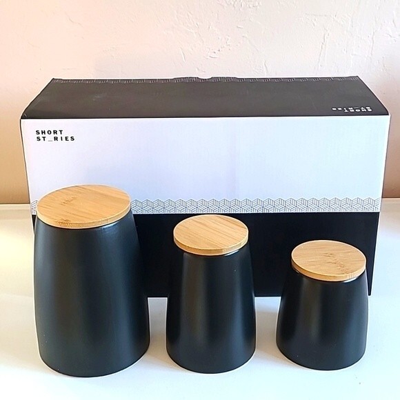 Short Stories 3 Piece Black Ceramic & Wood Canister Set - Picture 1 of 6